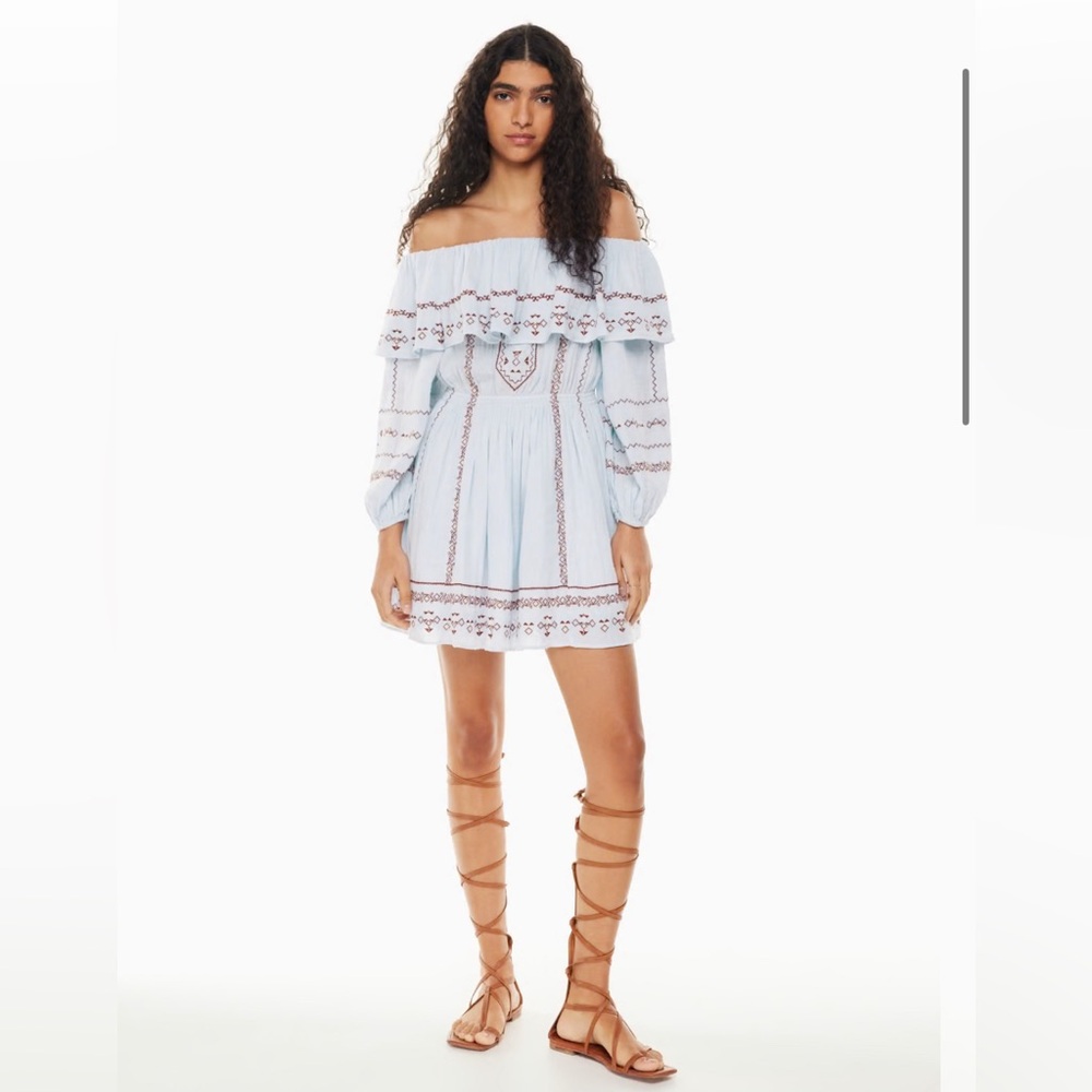 Aritzia Light Blue Off-Shoulder Embroidered Mini Dress
